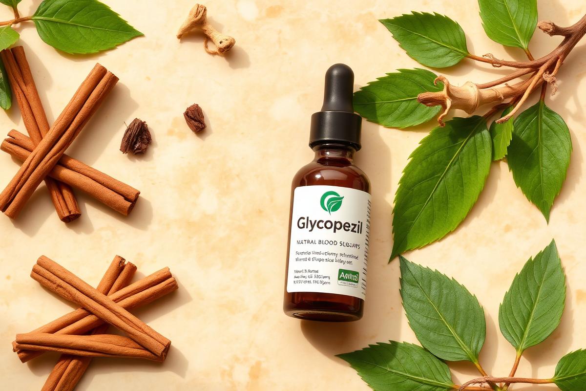 Glycopezil dropper bottle surrounded by cinnamon bark, herbal roots and green leaves